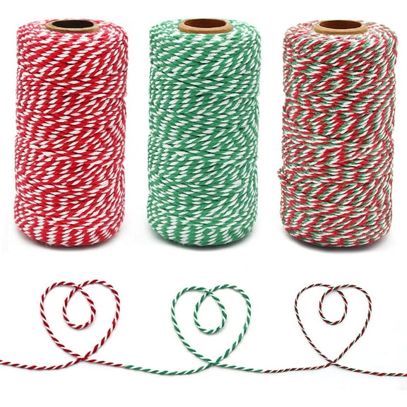 Pack of 3 Cotton Natural Jute Twine, Bakers Twine, Wrapping Twine, Green Red White Twine, Wrapping Butcher Baking Arts and Crafts Gardening (totally 984 Feet)