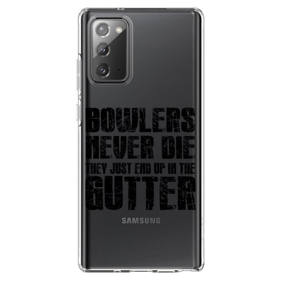 DistinctInk Clear Shockproof Hybrid Case for Samsung Galaxy Note 20 (6.7" Screen) - TPU Bumper Acrylic Back Tempered Glass Screen Protector - Bowlers Never Die They End Up In The Gutter