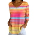 thumbnail image 2 of Uootdi Summer Tops for Women V Neck Horizontal Stripe Gradient 3/4 Sleeve Curved Hem Loose Fit Tops Coastal Stroll Lightweight Orange Tops Women, 2 of 7