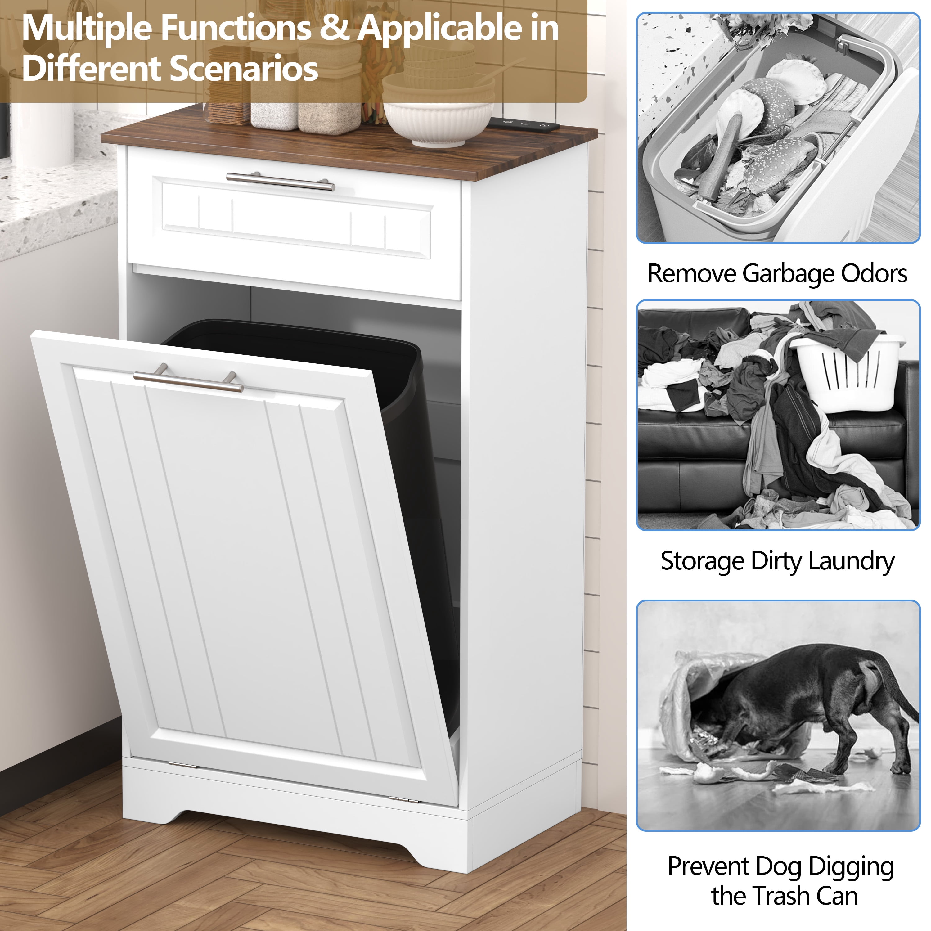 Single 10 Gallon Tilt Out Trash Can Cabinet with Deodorizing Function, Wooden Hidden Garbage Can Holder with Storage Drawers for Kitchen and Dining Room, Laundry Hamper Cabinet for Bathroom, White
