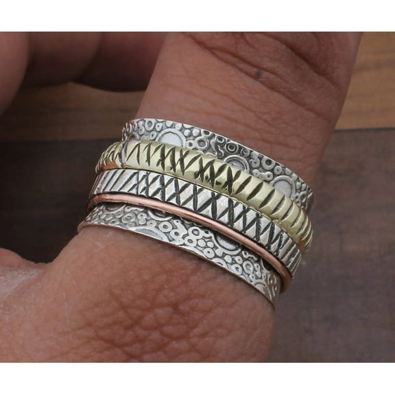 SS DESIGNS Textured Three-Tone 925 Sterling Silver Spinner Ring – Handmade Anxiety & Meditation Ring for Men & Women, Stress Relief Fidget Band, Mother’s Day & Birthday Gift