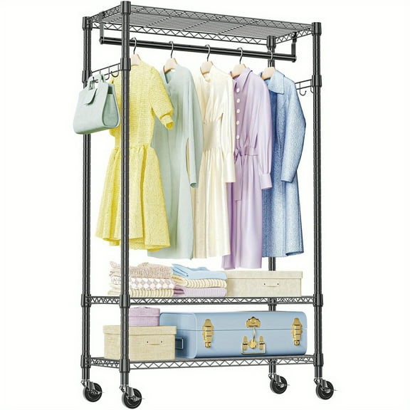 MZG Heavy Duty Rolling Garment Rack - 500LB Capacity with 3 Adjustable Shelves & Hanging Rod - 30"W x 16"D x 75"H Mobile Clothes Rack for Home/Retail (Black)