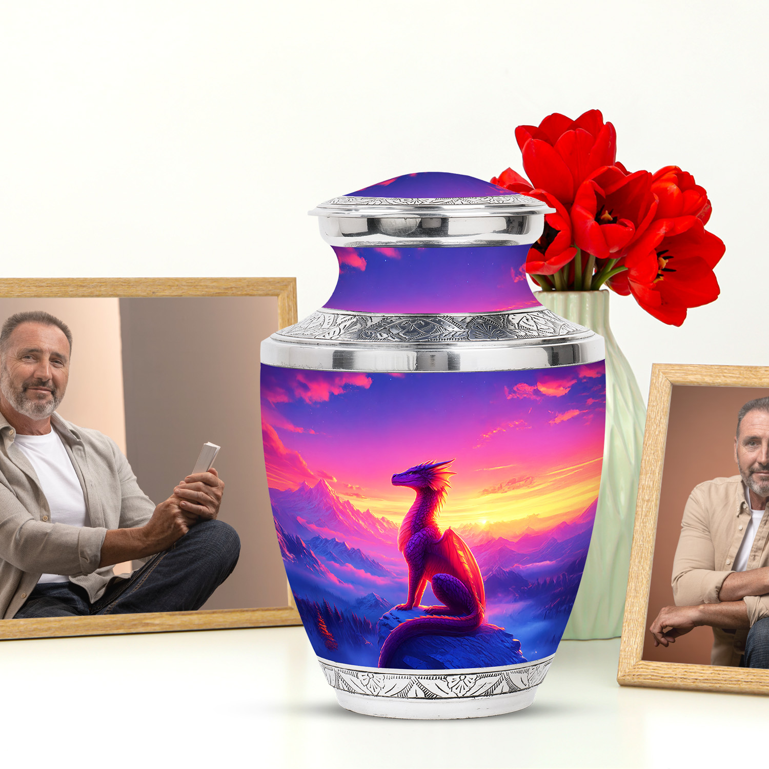 JAGASY Dragon Burial Large Urn for Ashes Adult Female, Purple Urn for Ashes Adult Male, Snowy Mountain & Sunset Decorative Urns for Friends, Handcrafted Cremation Urns for Girls & Boys, (10 Inch)