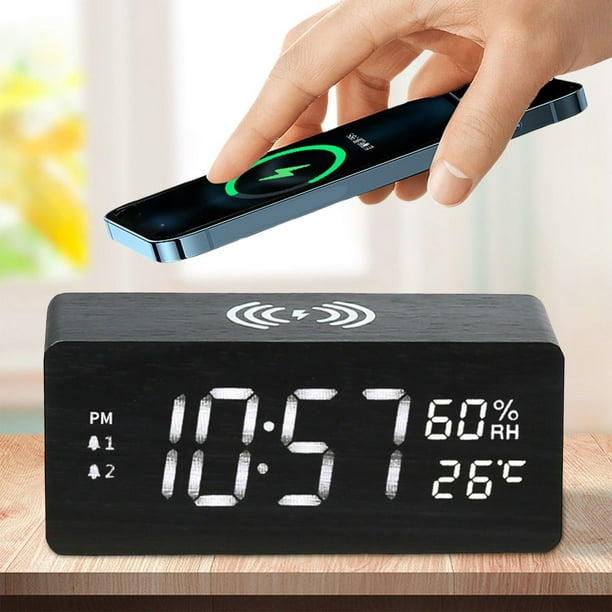 Relojes, relojes de pared, despertadores, reloj de madera con carga inalámbrica de 15 W, temperatura y humedad, multifuncional, inteligente, luminoso, silencioso, LED, reloj de madera, reloj de carga