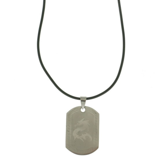 Mi Amore Dragon Dog Tag Adjustable Pendant-Necklace Silver-Tone & Black