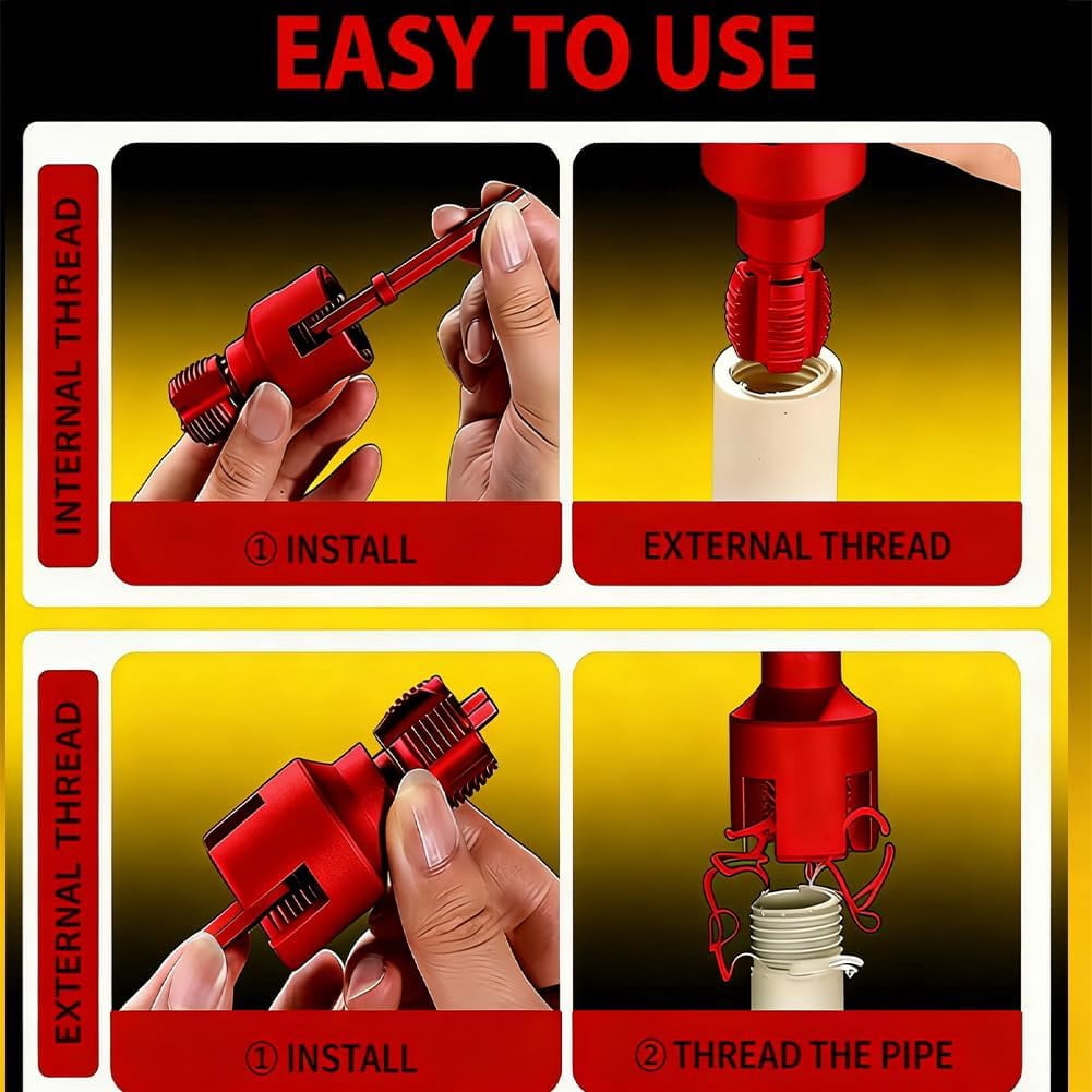 4-in-1 Water Pipe Wrench and Threader Set, Pipe Tapping Tool for 1/2", 3/4", and 1" Pipes, Drill Compatible Plumbing Tool