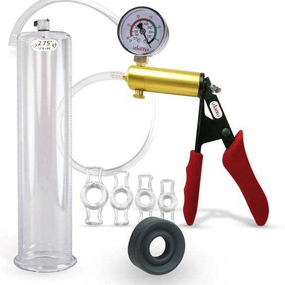 LeLuv Ultima Penis Pump, Brass w/ Red Handle, Silicone Grip, Clear Hose Gauge | TPR Seal, 4 Cock Rings | 12" x 2.75" Cylinder