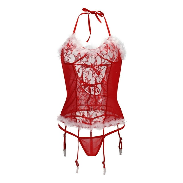 WZXFASHION Womens Sexy Christmas Lingerie Red Santa Lace Chemises Set Bodysuit Intimates Red M
