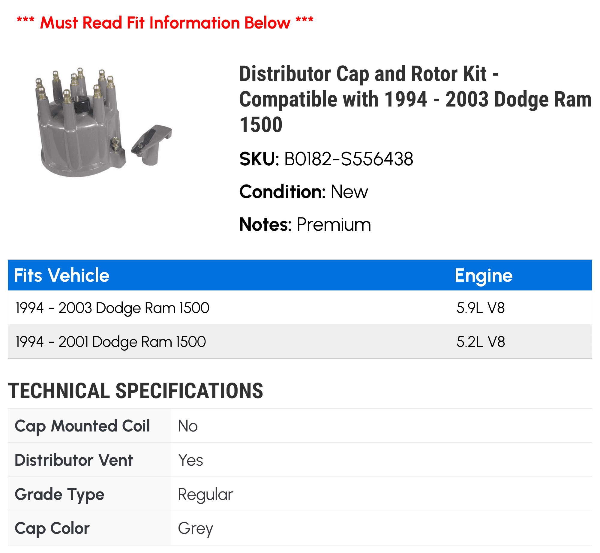 Distributor Cap and Rotor Kit - Compatible with 1994 - 2003 Dodge Ram 1500 1995 1996 1997 1998 1999 2000 2001 2002