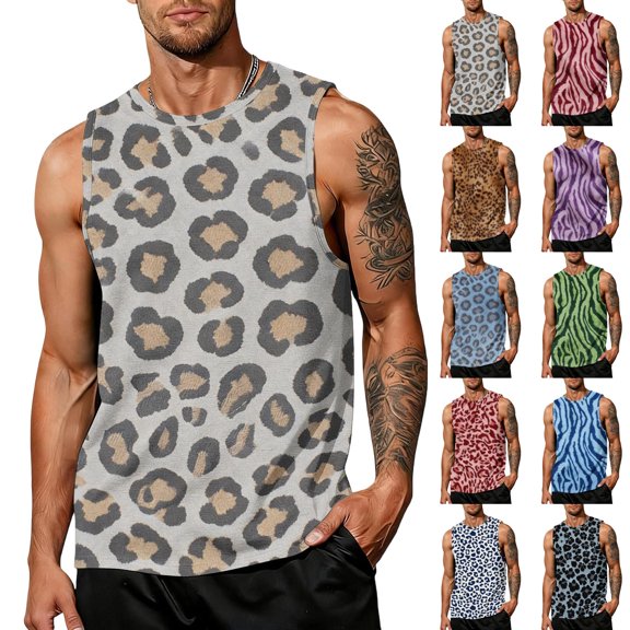 HAJWOH Men Leopard Printed Tank Top Muscle Sleeveless Summer Big and Tall Summer Beach Soft Gym Shirts