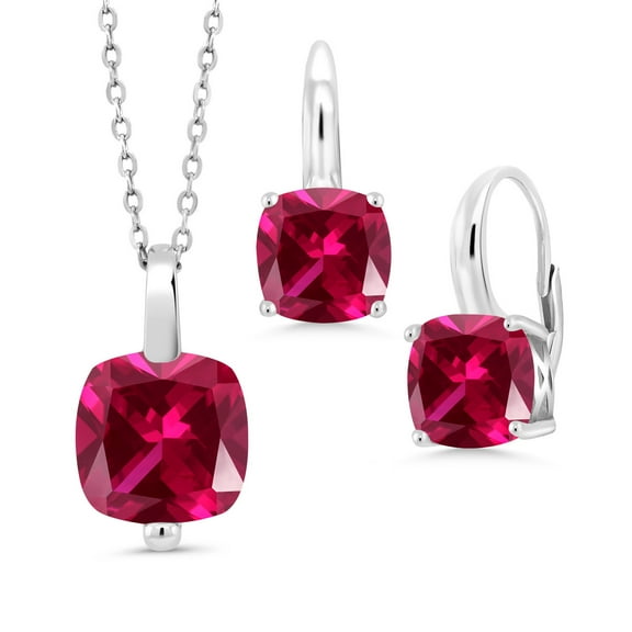 Gem Stone King 10.00 Cttw Red Created Ruby Pendant and Earrings Jewelry Set for Women | 925 Sterling Silver | 10MM and 8MM Cushion Cut | With 18 inch Chain