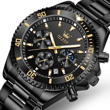 OLEVS Chronograph Watches for Men Green Dial 42.5mm Outdoor Watch Green Dial Gold Silver Tone Stainless Steel Waterproof Mens Watch 2870