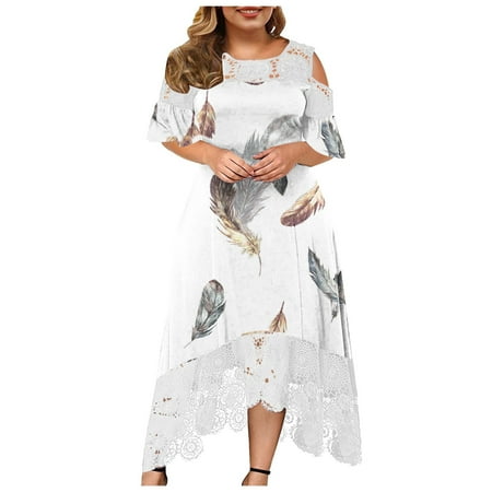 

LYXSSBYX Summer Dresses for Women Clearance Women s Fashion Plus Size Round-NeckPrinted Lace Patchwork Long Dress Short Sleeve Dress