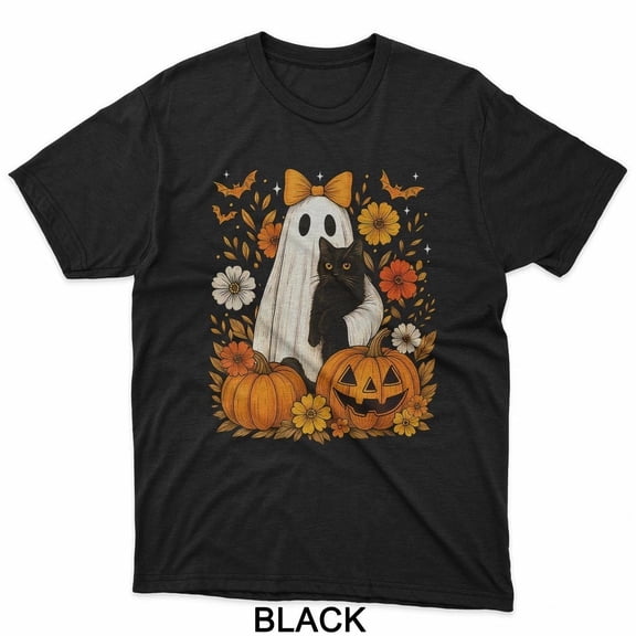 Vintage Halloween Ghost Holding Black Cat Groovy Floral T-Shirt