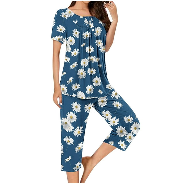 Jamicy Pyjama pour Femmes Ensemble Shorts Mode Décontracté Ample Imprimé Imprimé Col Rond Boutonné Manches Courtes Haut avec Pantalon Court Ensemble de Pyjama pour Femmes Bleu Marine