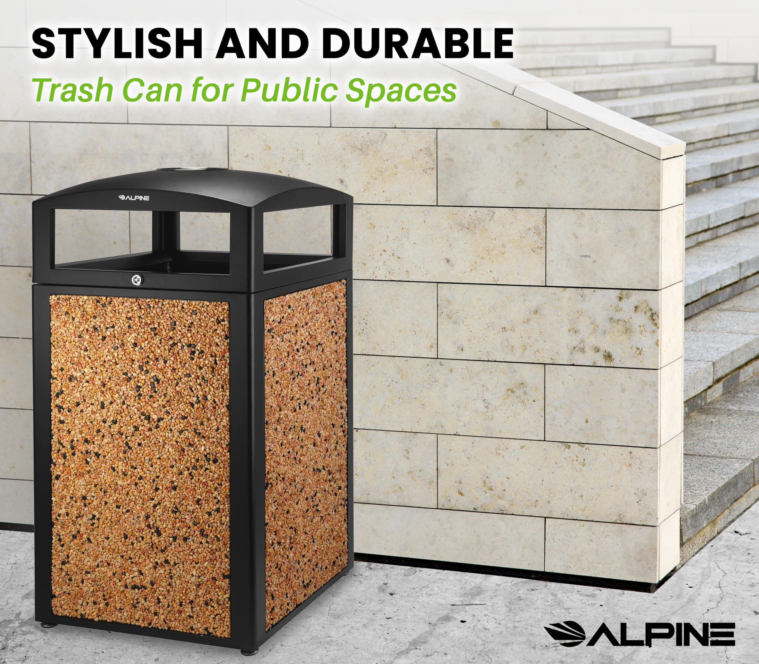 Alpine Outdoor Commercial Trash Can with Lid - 40 Gallon Heavy Duty Metal Garbage Can with Removable Bin, Locking Lid, Perfect for Park, Mall (Black, Brown Stone Panels with Tray)