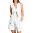 thumbnail image 2 of Uootdi Women's 2 Piece Matching Lounge Set Sleeveless V Neck Button Down Vest High Waist Pleated Linen Shorts Set with Pockets, 2 of 6