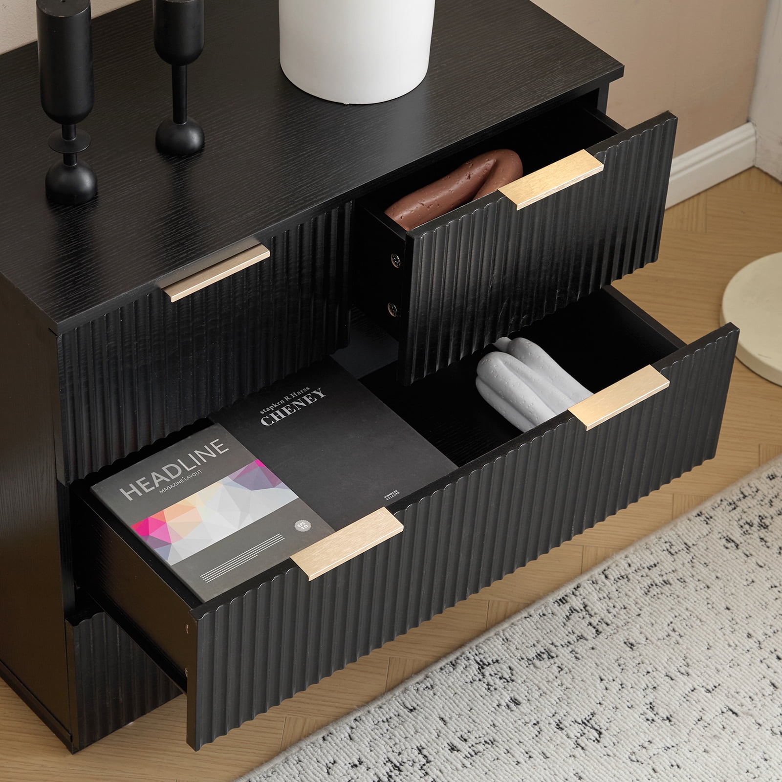 Four-Drawer Bedside Cabinet, Black P2 Particle Board and Density Board Wavy Pattern Drawer Front Three-Level