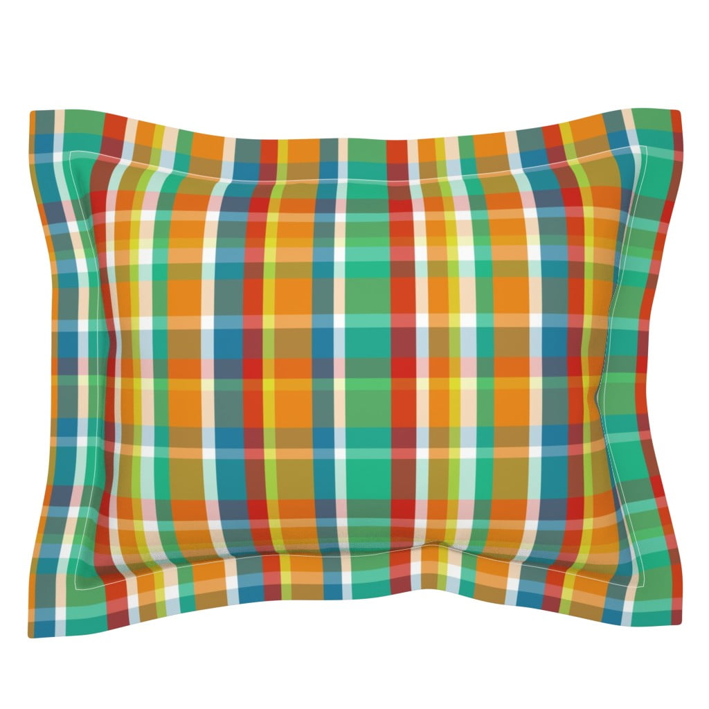 Roostery Pillow Sham 100% Cotton Sateen 30in x 30in Flange Sham Plaid Madras Colorful Tangerine Orange Teal Summer Print Roostery Pillow Sham 100% Cotton Sateen 30in x 30in Flange Sham Plaid Madras Colorful Tangerine Orange Teal Summer Print