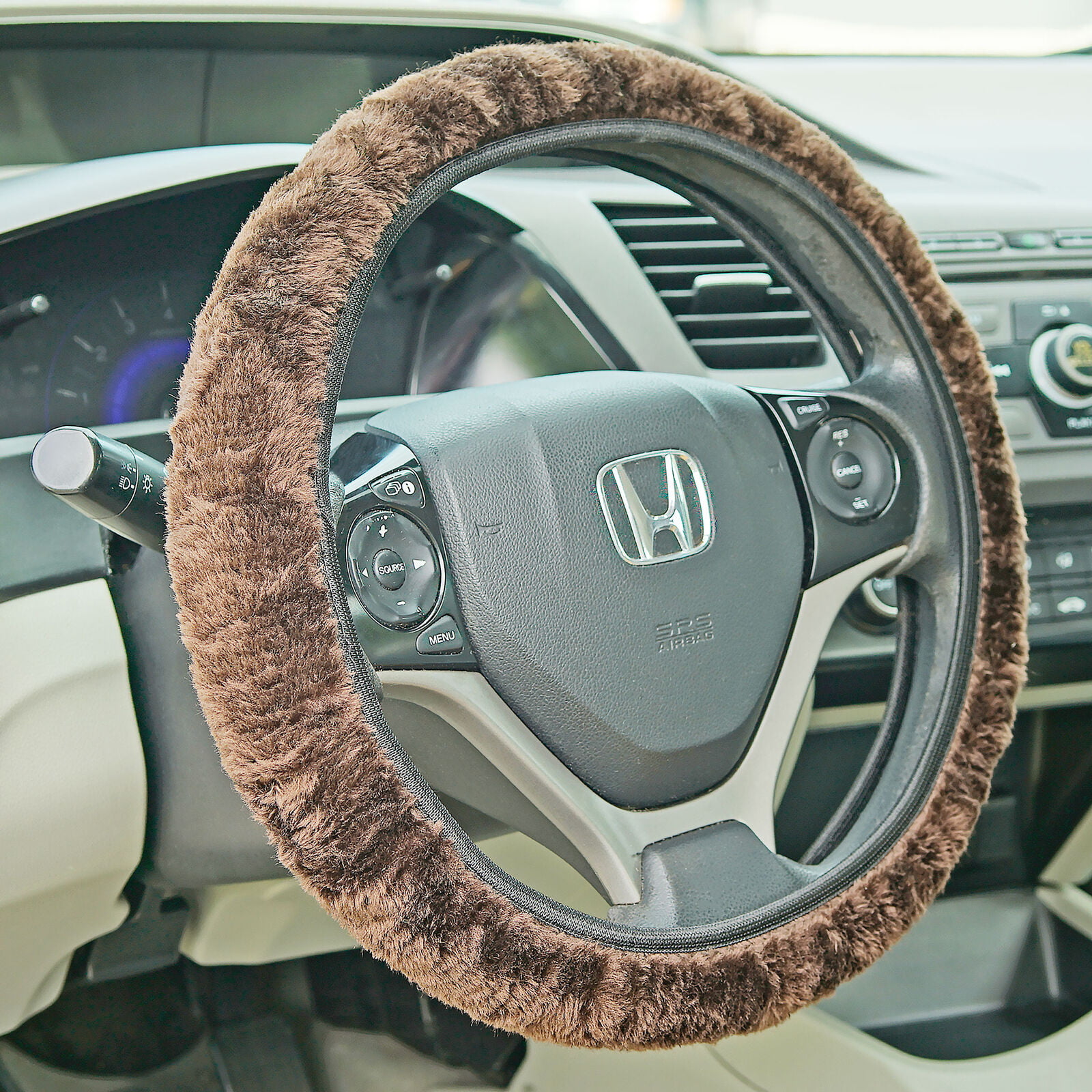 16" Fuzzy Steering Wheel Cover Elastic Stretch Plush Brown Universal Fit 14" 