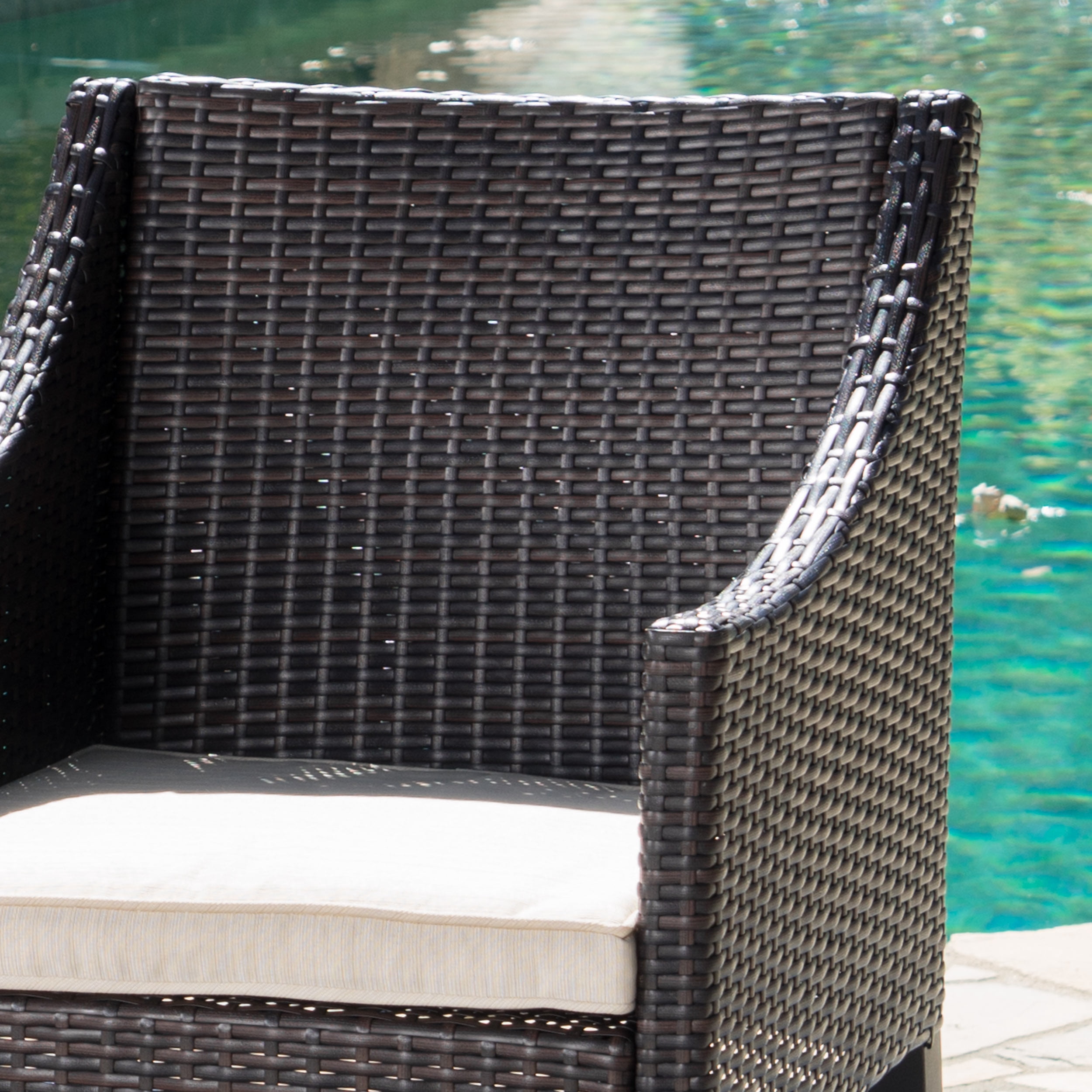 Sherwood Outdoor 6 Piece Acacia Wood Dining Set with Multibrown Wicker Dining Chairs with Cushions, Brushed Grey, Beige