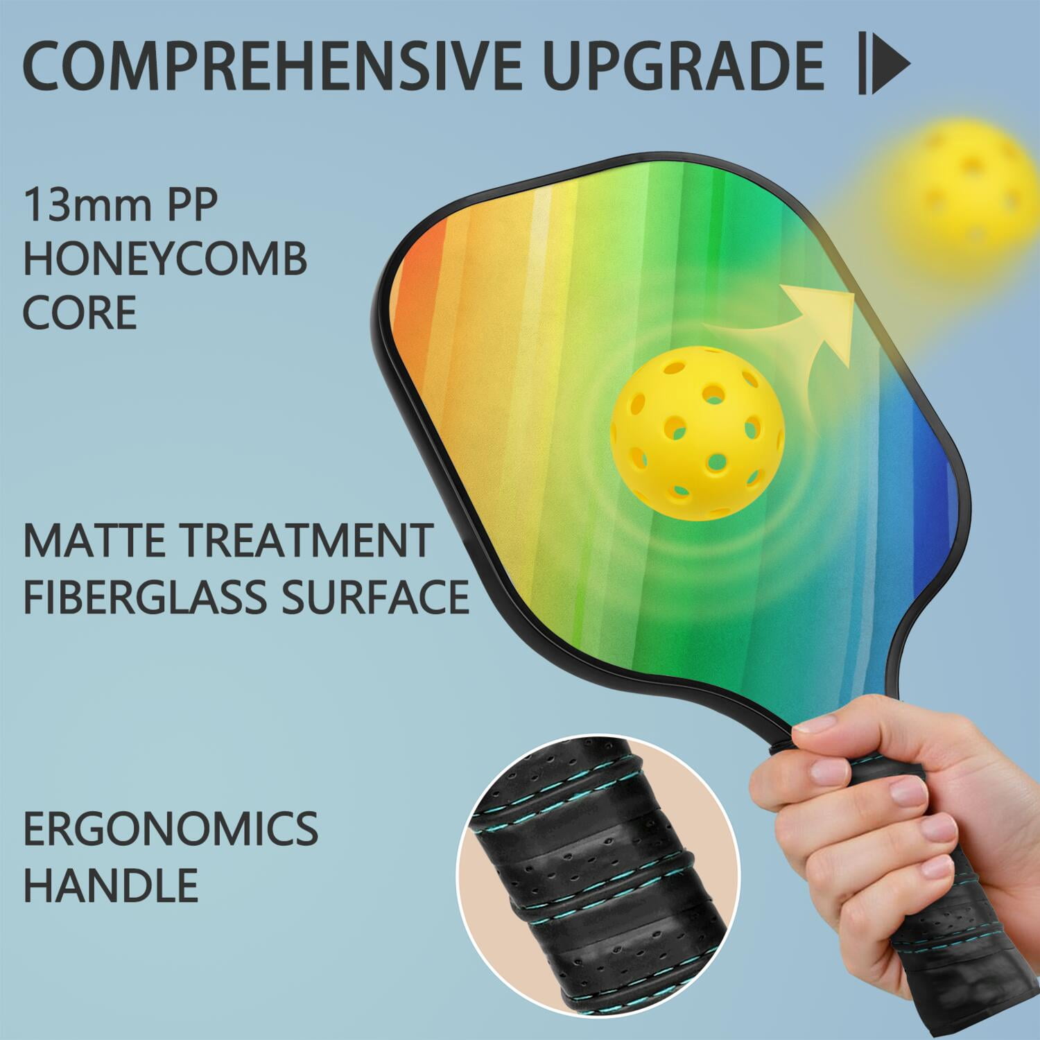 Pickleball Paddles Set Of 1, Fiberglass Surface, Vibrant Rainbow Print, 1 Paddle, 2 Balls & Bag