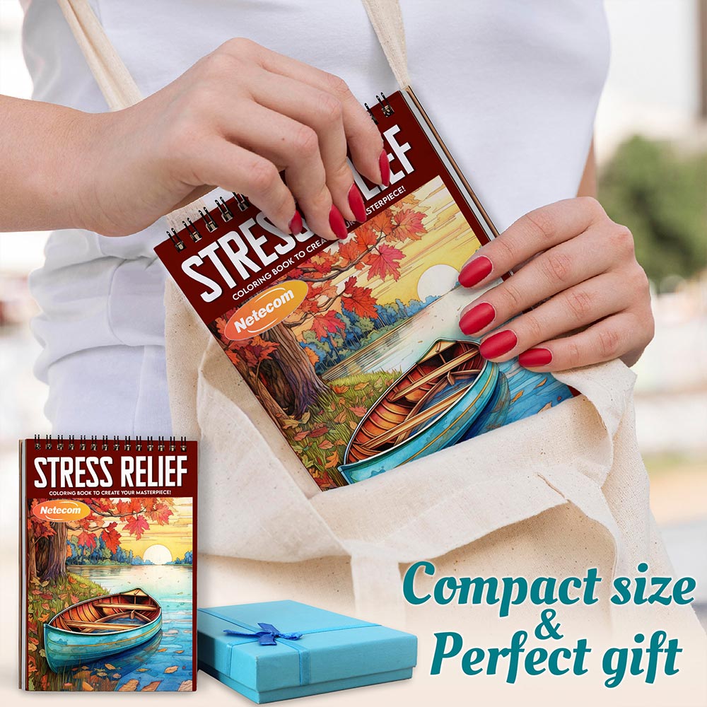 Netecom Stress Relief Coloring Book Spiral Bound For Adults, A5 Wooden Cover, 30 Calming Coloring Pages of Tranquil Landscapes for Stress Relief and Relaxation