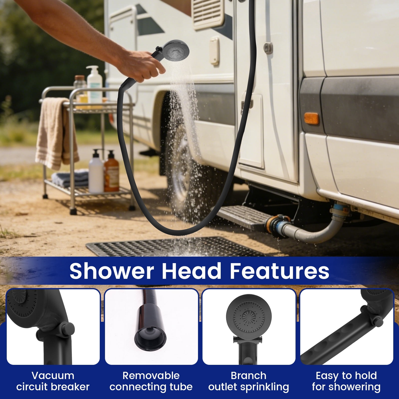 RV Shower Faucet with Handheld Showerhead and Hose 4" Metal Shower Set Leak Resistant for RV Camper Motorhome Travel Trailer (Indoor/Outdoor Use)