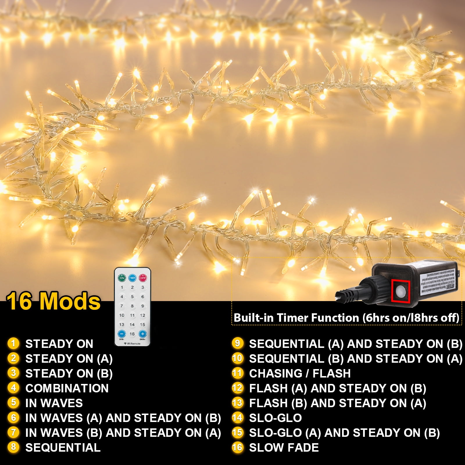 Christmas Mini Tree Lights Outdoor Cluster Light, 1000 LED Firecrackers String, 16 Modes Timer Remote Waterproof Plug in Twinkle Fairy Lights for Garland Window Party（Warm White）
