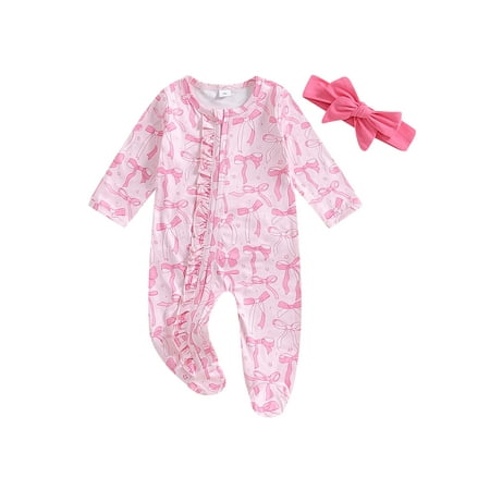 

Michellecmm Baby Girls Autumn Footed Jumpsuit Long Sleeve Crew Neck Bow Print Oblique Zipper Romper with Headband