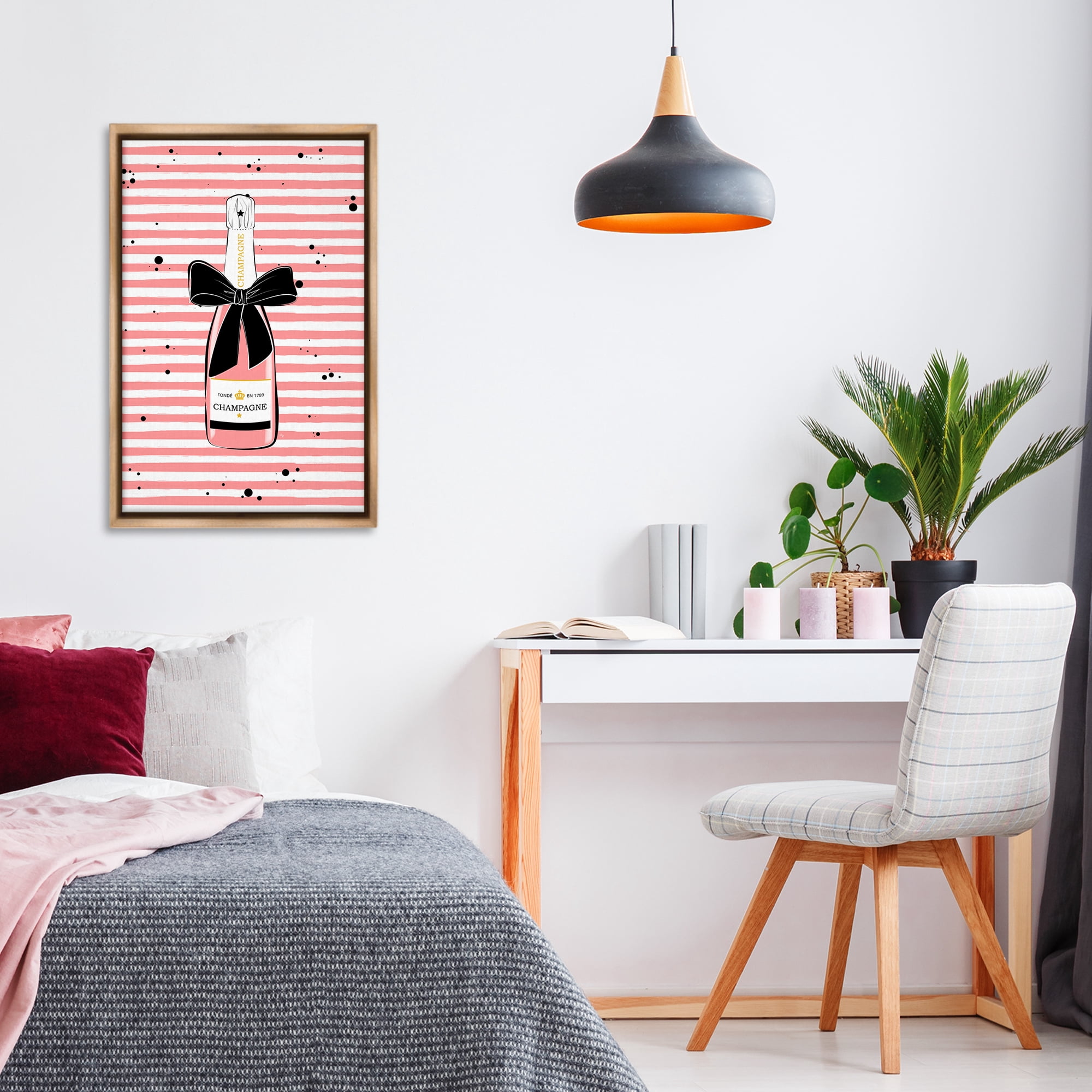 Stupell Industries Pink Champagne on Stripes Food & Beverage Painting Brown Floater Framed Art Print Wall Art, 21 x 31