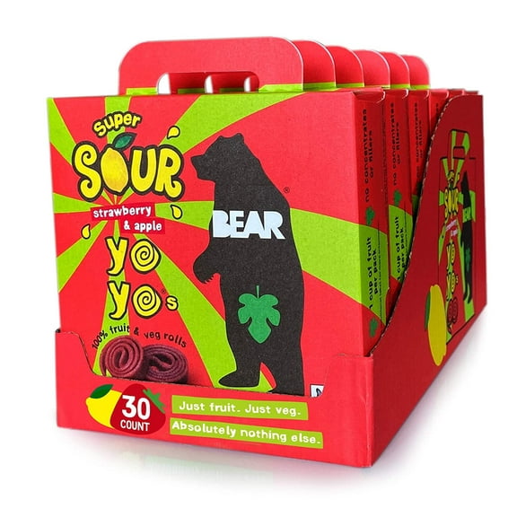 BEAR Sour - Real Fruit Yoyos - Strawberry-Apple, No added Sugar, All Natural, non GMO, Gluten Free, Vegan - Healthy on-the-go snack for kids & adults,0.7 Ounce (Pack of 30)