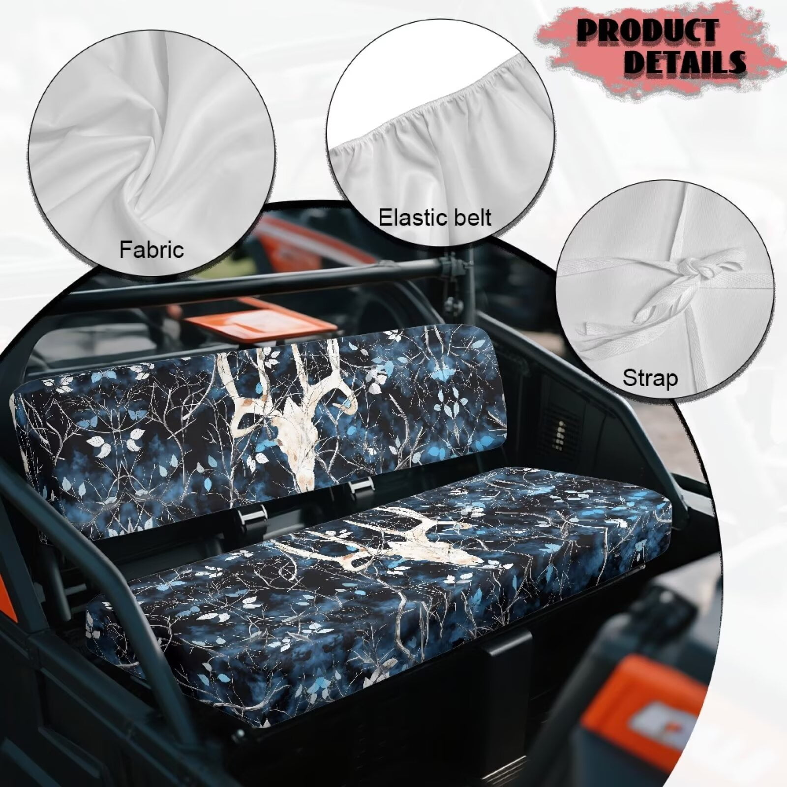 Uorisanigo UTV Seat Cover, Non-Slip Bench Seat Cover with Elastic Band, Dustproof Windproof All Weather Blue Camo Hunting Skull Deer Padded Protector for Kawasaki Mule 3000 3010 3020