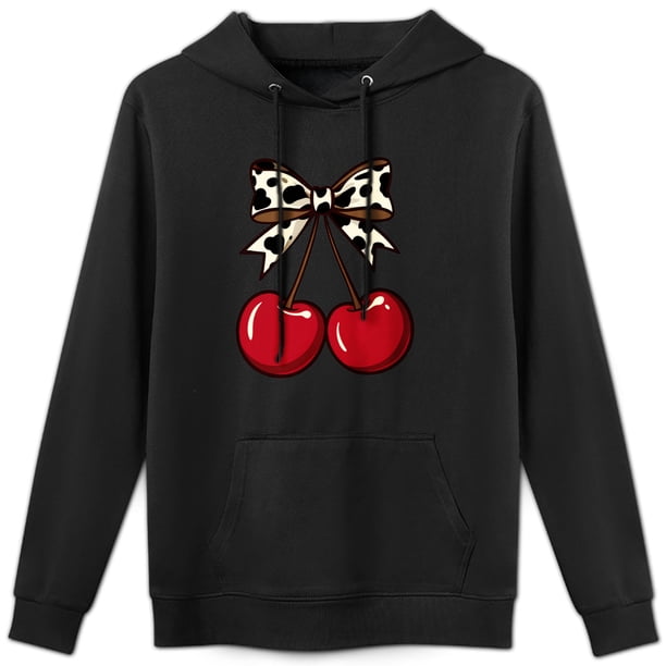 Sudadera con capucha con estampado de cerezas y leopardo, mezcla de algodón suave, manga larga, estilo informal para mujeres y adolescentes