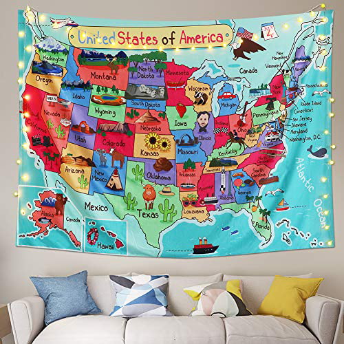 Alynsehom Tapestry United States Map Cartoon America USA State Distribution  Colorful Educational Tapestry Wall Hanging Kids Bedroom Nursery Classroom  Decor (51