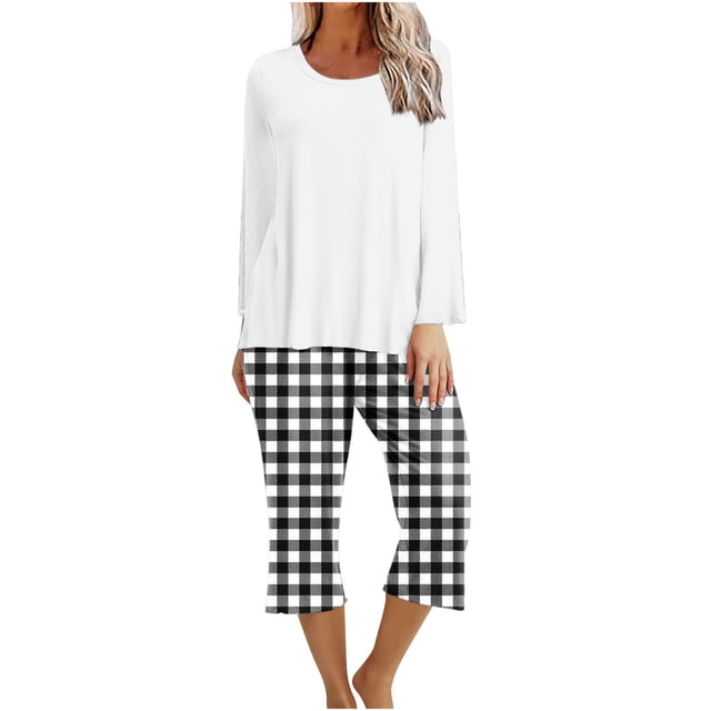 AherBiu Christmas Pajamas 2 Piece Sets for Women Solid Color Tops Plaid Capris Pjs Homewear Set