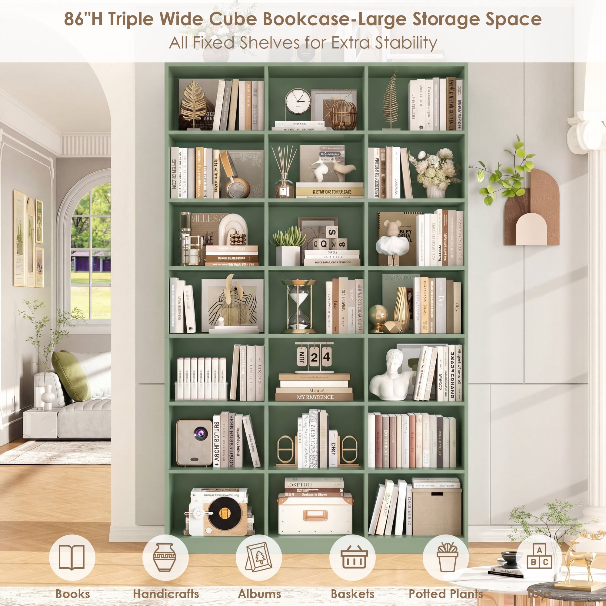 Hiphuta 21-Cube Bookcase, 86"H Tall Wooden Bookshelves for Bedroom, Living Room and Office, Freestanding Display Shelves Cube Organizer, Green