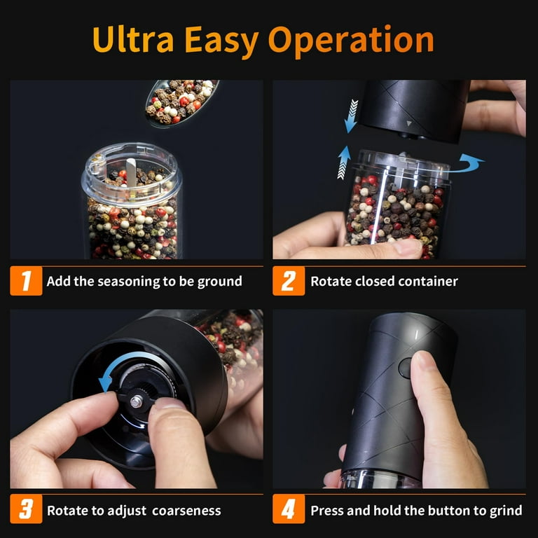 Electric Black Salt & Pepper Grinder LED Light Adjustable USB High-capacity