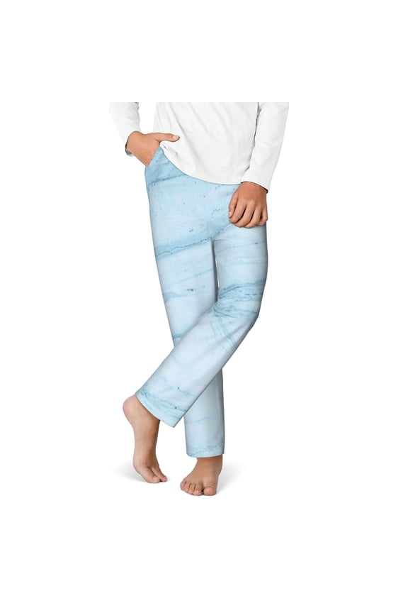 Light Blue Marble Print Youth Home Trousers, Elastic Waistband with Pockets for Home and Outing, Suitable for Children Aged 5-16-XS(5-6)