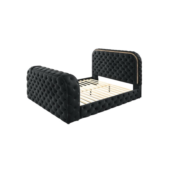 ACME Kana Velvet Fabric Upholstered Queen Bed with LED and TV Stand in Black