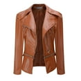 thumbnail image 2 of Lovskoo Women's Leather Jacket Slim Lapel Collar Long Sleeve Zip Motorcycle Belt Coat Jacket Claret, 2 of 7