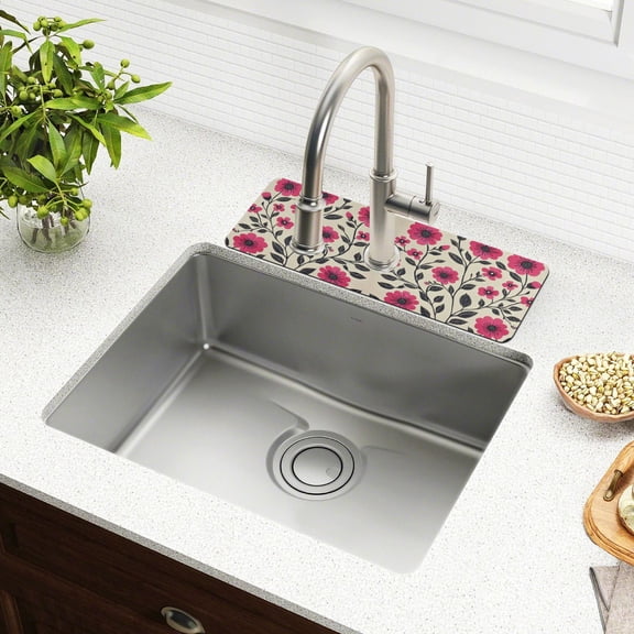 Yayeee Faucet Mat for Kitchen Sink 14.7" Diatomite Long Splash Guard Pad, Pink Flowers