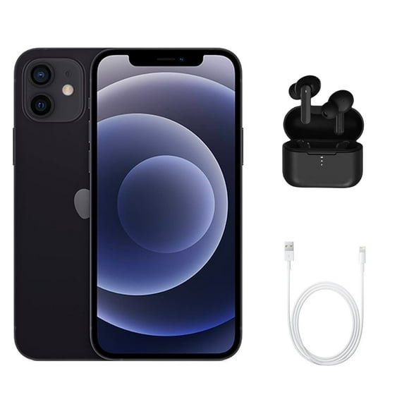 Refurbished Apple iPhone 12 A2172 (Fully Unlocked) 64GB Black (Grade A) w/ Wireless Earbuds