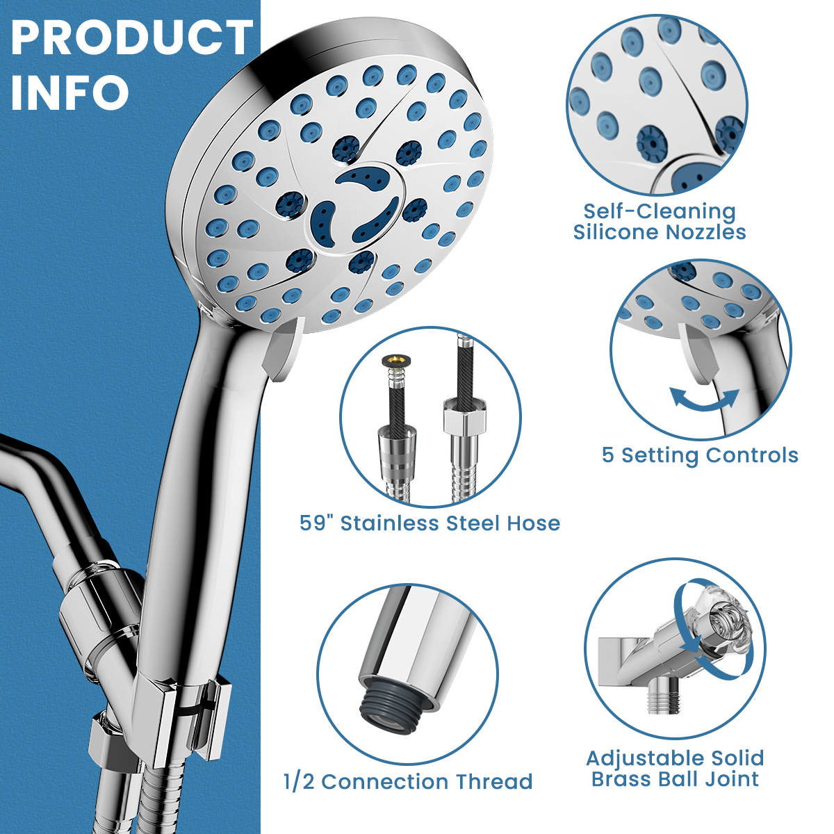 Cshidworld 5-Function High Pressure Handheld Shower Head, Chrome photo 4