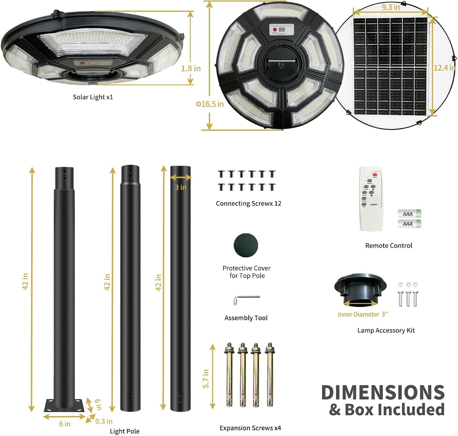 Outdoor Solar Lamp Post with 10' Galvanized Steel Light Pole, Motion Sensor, IP65 Waterproof, Dusk to Dawn, 750-LED Outdoor Solar Light with Remote for Yard, Parking Lot, Pathway, Patio