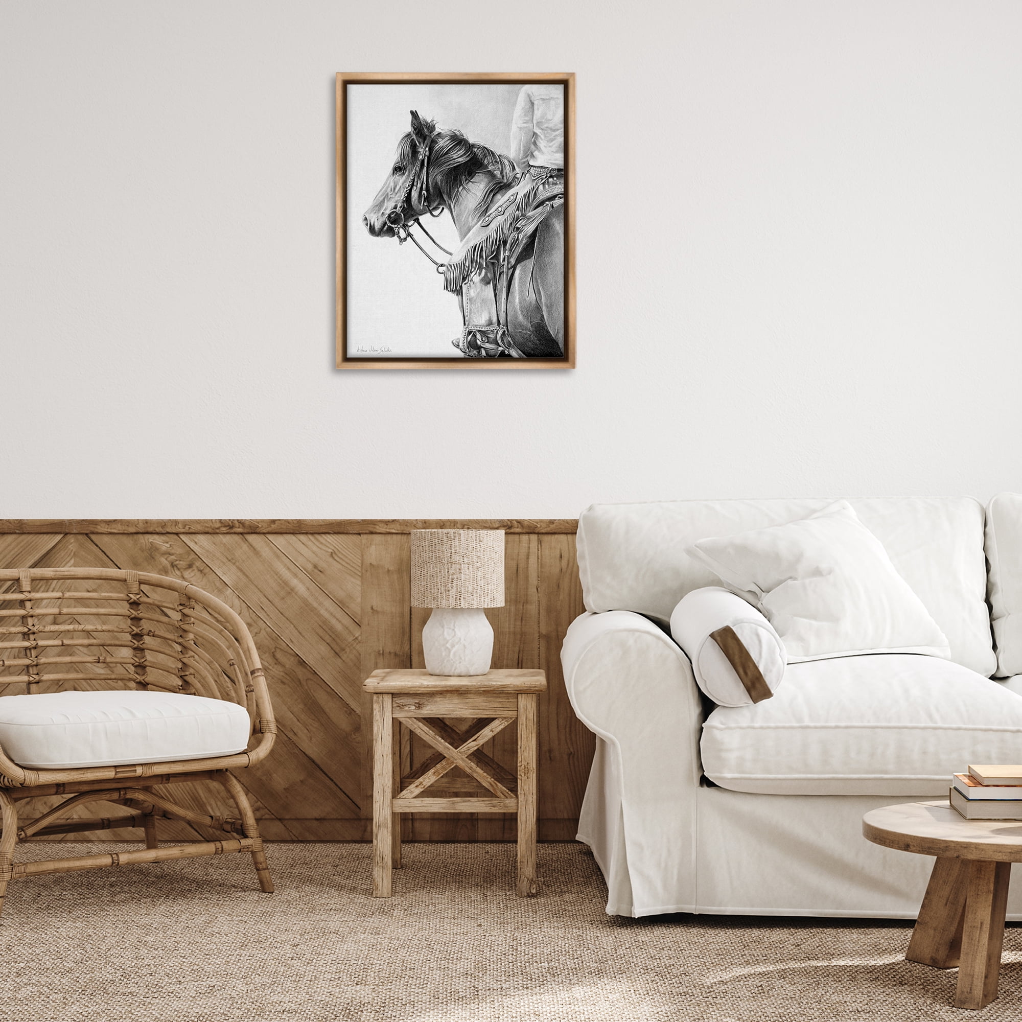 Stupell Industries Detailed Stallion & Cowboy Animals & Insects Drawing Brown Floater Framed Canvas Art Print Wall Art, 25 x 31