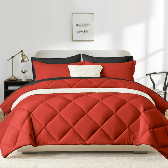Flymme Queen Comforter Set with Sheets, 7 Pieces Red Bed in a Bag Queen Bed Sets Quilted Diamond Complete Bedding Sets for Man Women Bedroom Decor
