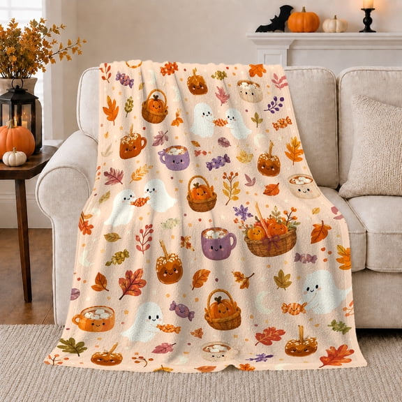 Whimsical Halloween Autumn Pattern Cheerful Cartoon Ghost Pumpkin, Festive Halloween Scene, Warm Flannel Blanket for Living Room and Family Room, Art Lovers Halloween Gift, Festive Home Decor