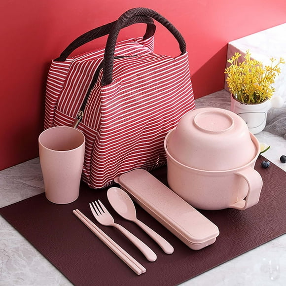 Microwave-Safe Straw Fiber Bowl Set | 7-Piece Meal Kit | 1000ml Soup Bowl w/ Handles | 500ml Covered Bowl | Cup | Cutlery Box | Chopsticks Spoon Fork | Thermal Bag
