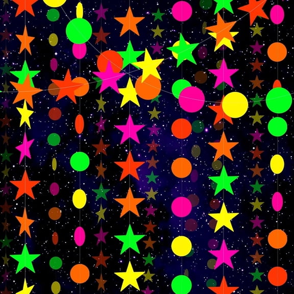 PHOGARY Neon Paper Garlands Circle Dots Stars Hanging Streamers Neon Party Glow in The Dark Party Supplies Fluorescent Hanging Circle Dots Star Banners for Wedding Birthday Neon Party Decorations